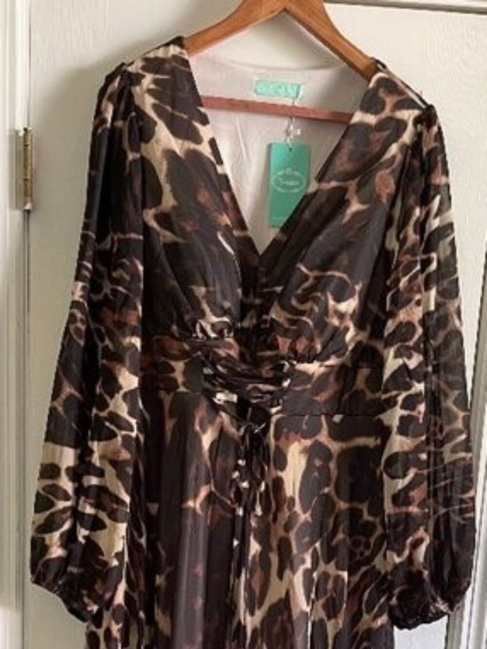 TOLEEN Plus Size 2XL Leopard Print V-Neck Maxi Dress Long Lantern Sleeve NWT - Picture 4 of 6
